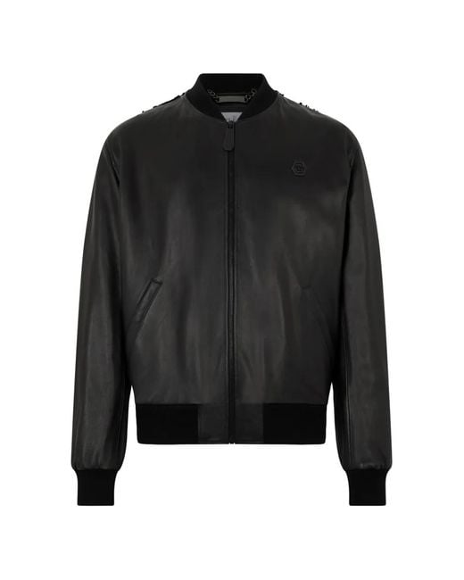Philipp Plein Black Leather Bomber Jacket for men