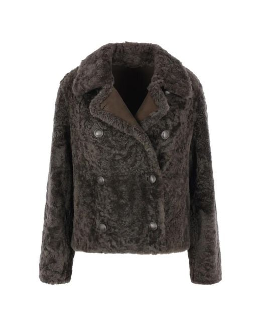 Brunello Cucinelli Black Double-Breasted Shearling Coat
