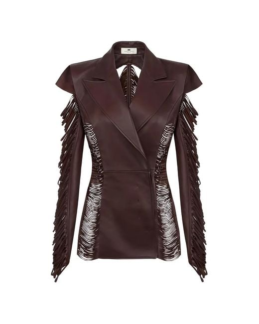 Elisabetta Franchi Brown Nappa Leather Jacket With Fringes