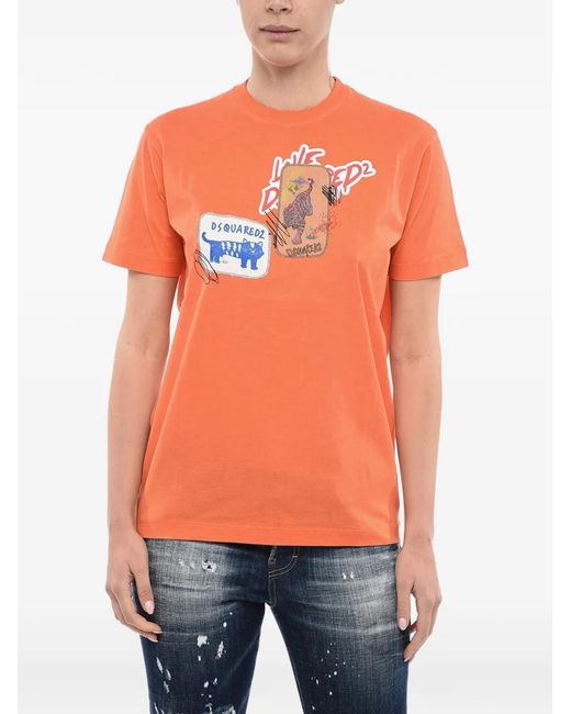 DSquared² Orange Logo-Print Patch-Detail T-Shirt