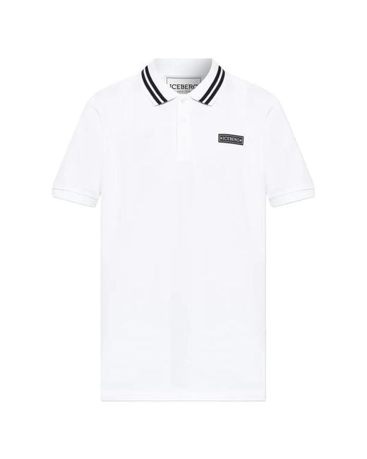 Iceberg White Logo-Patch Striped-Collar Polo Shirt for men