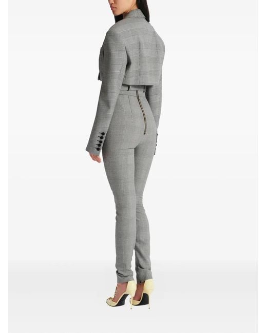 Balmain Gray Prince Of Wales Jacquard Crop Jacket