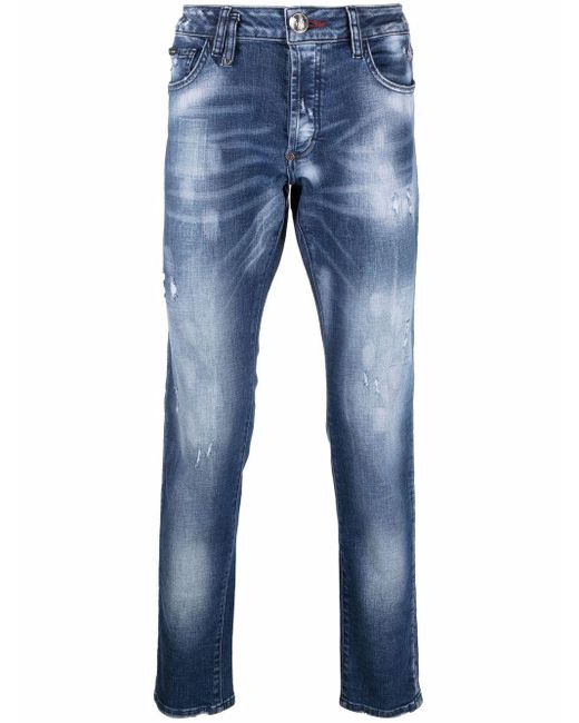 Philipp Plein Blue Super Straight Distressed Denim Jeans for men