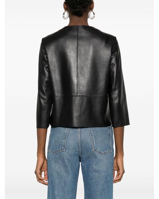 P.A.R.O.S.H. Black Cropped Button-up Leather Jacket