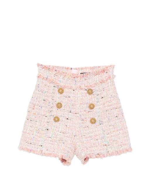 Balmain Pink Short Boutonné En Tweed