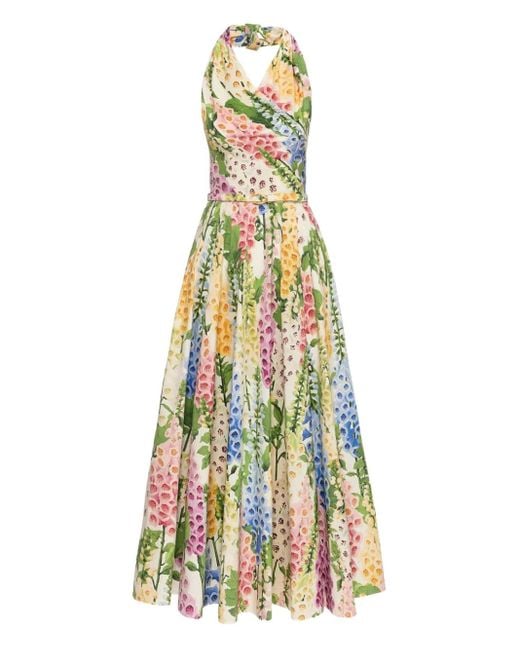 Oscar de la Renta White Floral Pattern Midi Dress