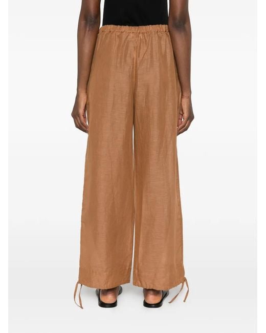 120% Lino Brown Drawstring-Fastening Palazzo Pants