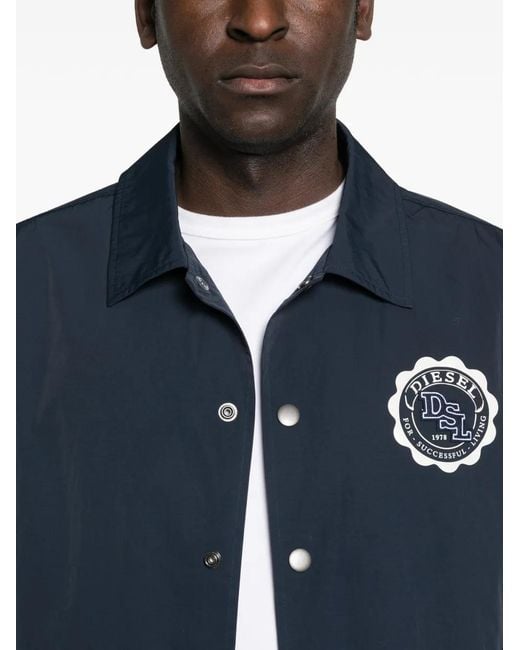 DIESEL Blue Button-Up Jacket With Patch Logo for men