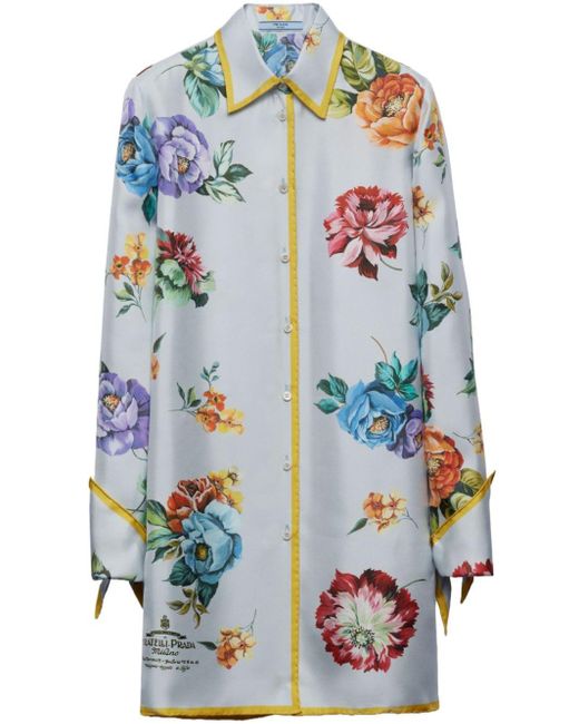 Prada Blue Floral-print Silk Shirtdress