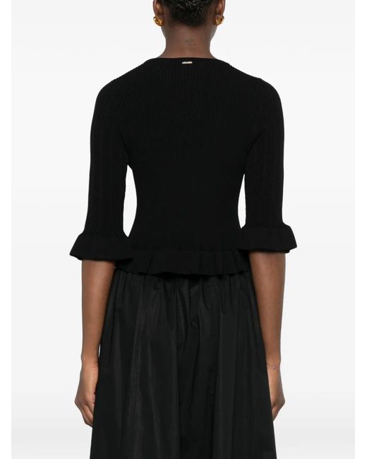 Twinset Black Ruffled-Trim Ribbed-Knit Cardigan
