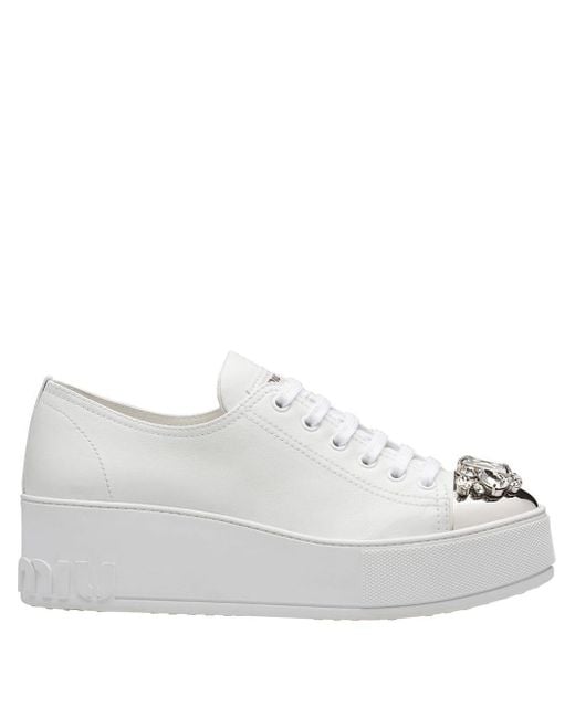 Miu Miu White Swarovski Crystal Toe-cap Sneakers