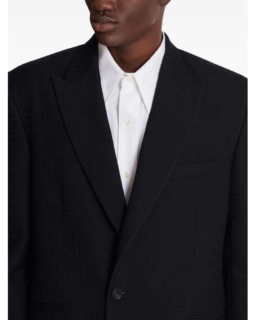 Balmain Black Monogram-Pattern Single-Breasted Wool Blazer for men