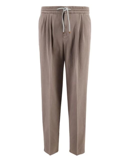 Brunello Cucinelli Gray Drawstring-Waist Cotton Trousers for men