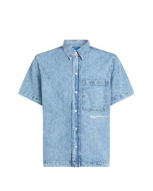 Karl Lagerfeld Blue Light Denim Short-Sleeve Shirt With Classic Collar for men
