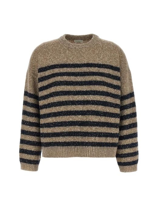 Brunello Cucinelli Natural Sequin-Embellished Striped Sweater