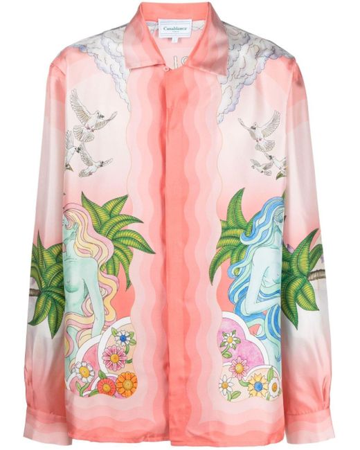 Casablancabrand Pink Paix Et Amour Tennis Club-print Silk Shirt for men