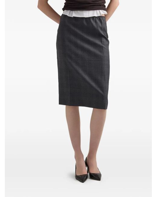 Prada Gray Jupe Midi En Laine À Carreaux