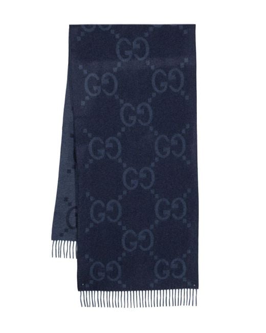 Gucci Blue Schal Aus Kaschmirjacquard Mit GG Motiv