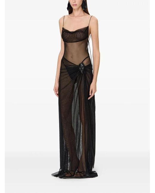 Korobeynikov Black Mesh-Maxikleid Mit Wasserfallkragen