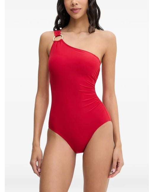 MICHAEL Michael Kors Red One-Shoulder Ring-Detail Swimsuit