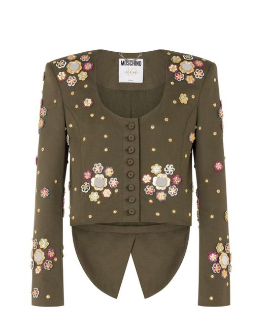 Moschino Green Floral-appliqué Cropped Jacket