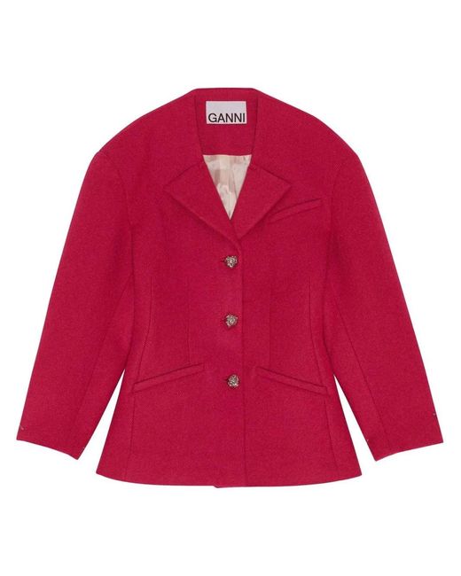 Ganni Red Broad-Shoulder Single-Breasted Jacket