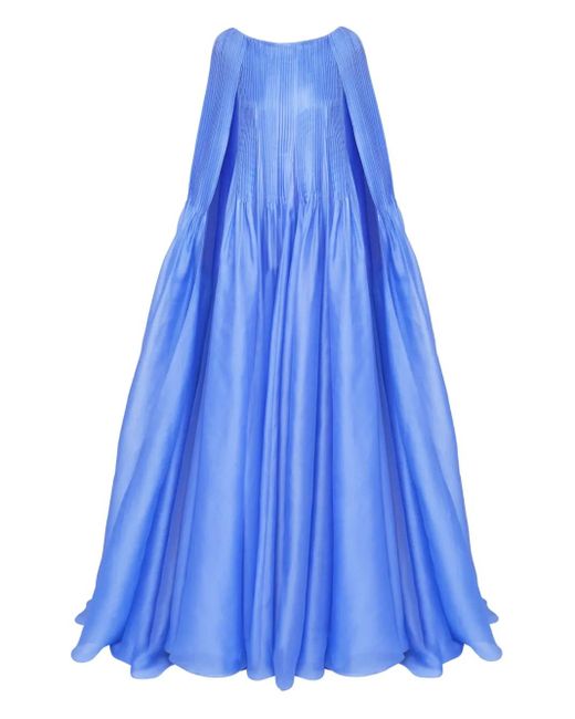 Carolina Herrera Blue Pleated Cape Gown