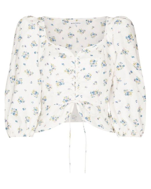 Reformation Linen Barrett Puff sleeve Floral print Blouse In White Lyst