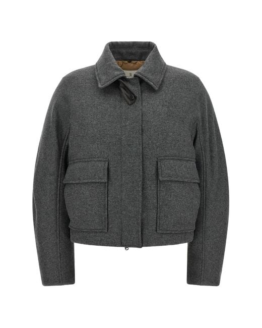 Brunello Cucinelli Gray Shearling-Collar Cropped Jacket