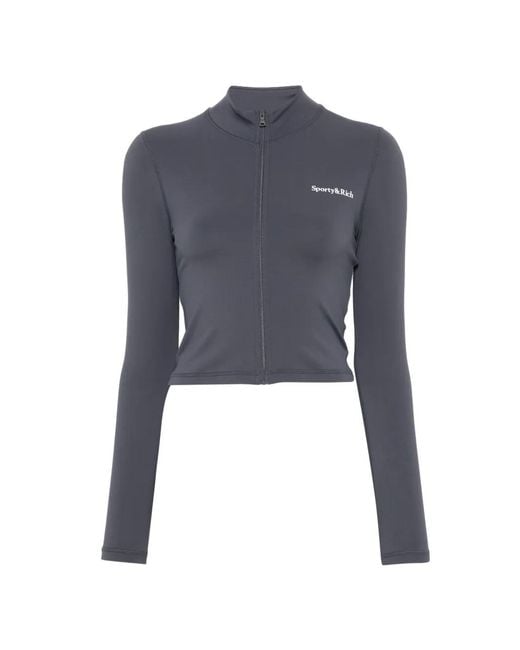Sporty & Rich Blue Logo-Print Zip-Up Sweater
