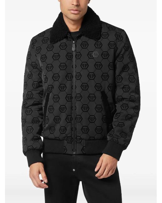 Philipp Plein Black Monogram Shearling-Collar Bomber Jacket for men