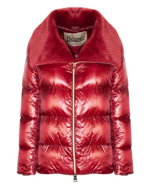 Herno Red Trimmed-Collar Quilted Puffer Jacket