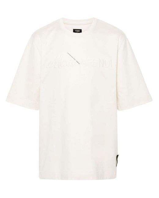 Fendi White Logo-embroidered Cotton T-shirt for men