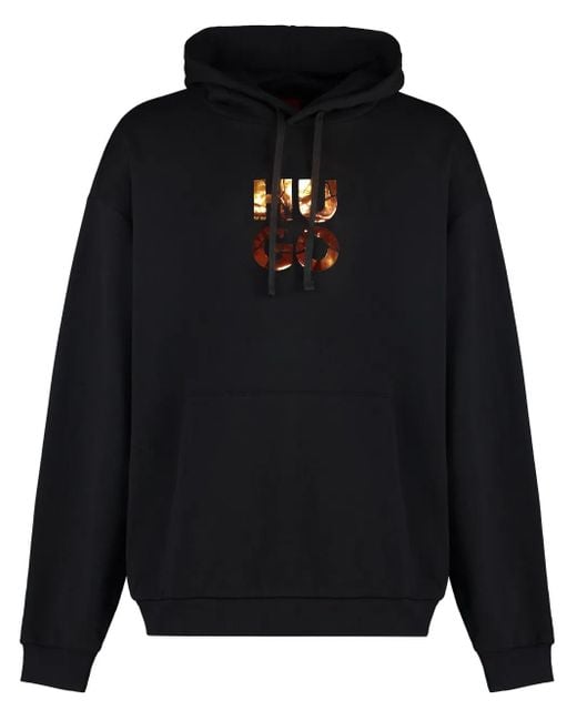 HUGO Black Logo-Print Hoodie for men