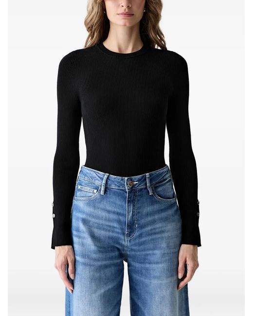 Guess Black Ellie Ribbed-Knit Button-Cuff Sweater