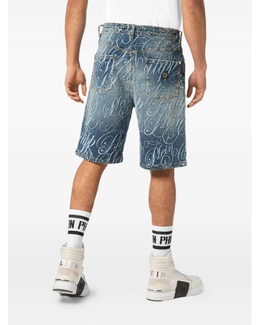 Philipp Plein Blue Logo-Embroidered Denim Shorts for men