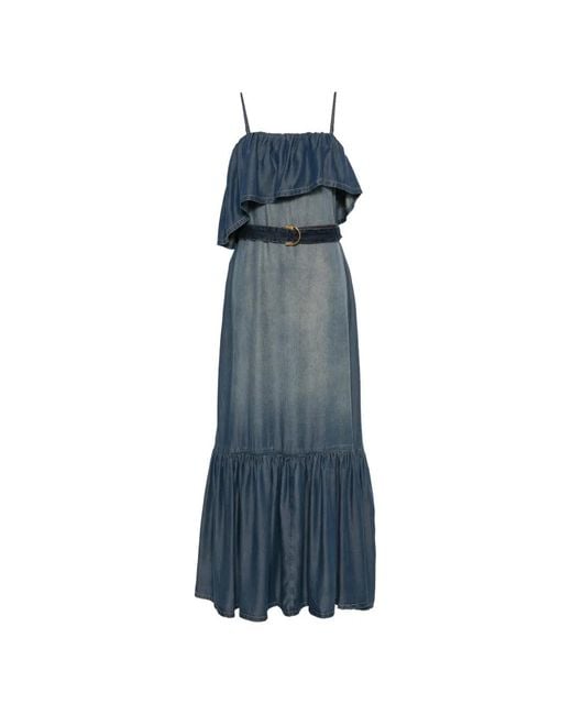 Pinko Blue Ruffled Belted Denim Maxi Dress