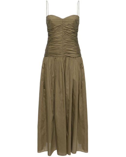 Matteau Green Drop-waist Gathered Midi Dress