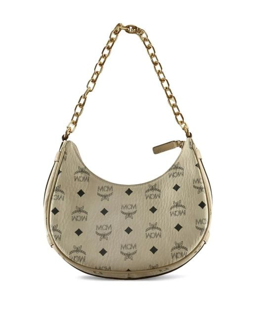 MCM Metallic Aren Crescent Monogram-Print Shoulder Bag