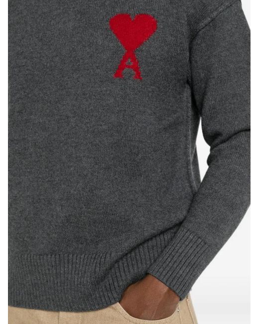 AMI Gray Ami De Coeur Crew-Neck Sweater for men