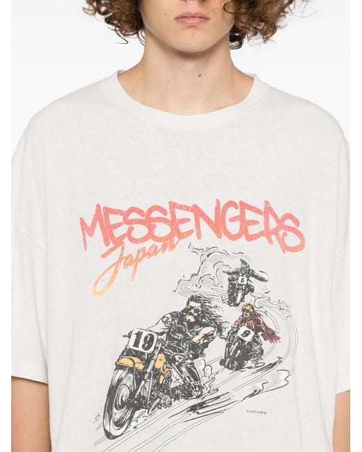 KAMIYA White Motorbike Messengers-Print Distressed T-Shirt for men