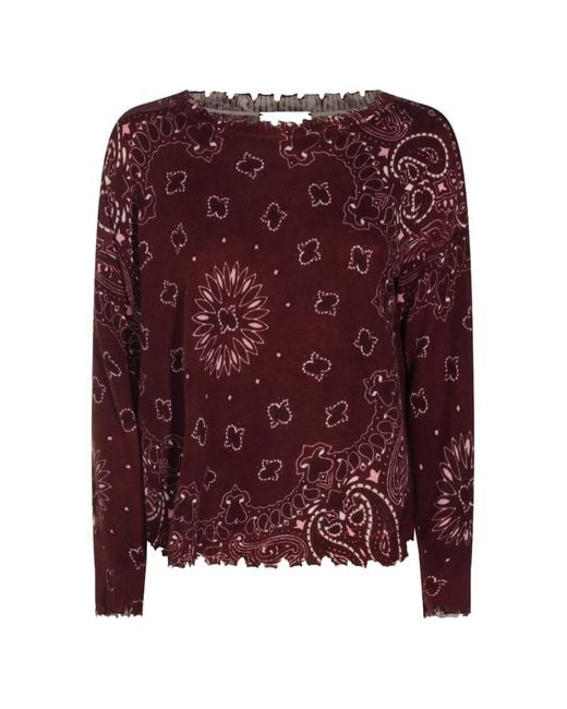 Kujten Purple Paisley-Print Frayed-Edge Sweater