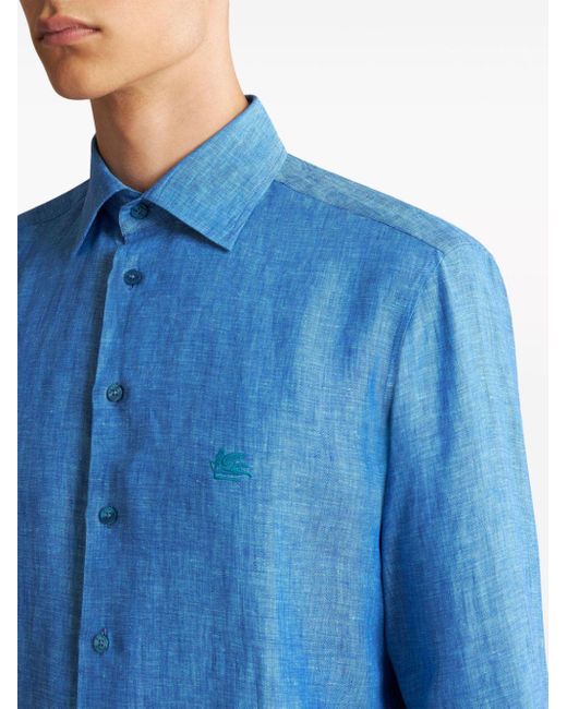 Etro Meliertes Hemd mit Pegaso-Stickerei in Blue für Herren