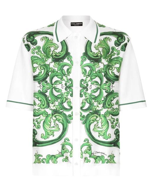 Dolce & Gabbana Green Majolica-Print Short-Sleeve Shirt for men