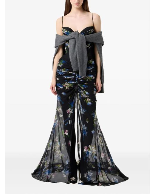 Blumarine Black Floral-Print Ruched Maxi Dress