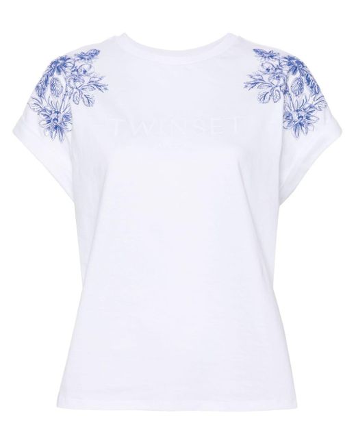 Twin Set White Floral-embroidered Cotton T-shirt