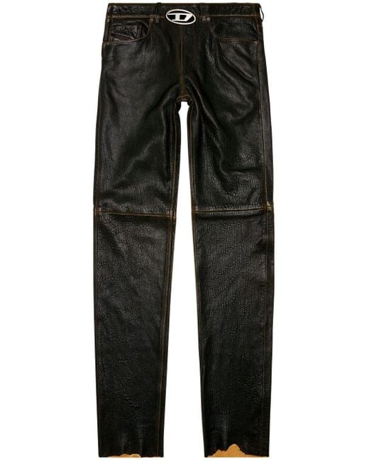 DIESEL Texturierte Hose aus Leder mit Logo-Cutout in Black für Herren