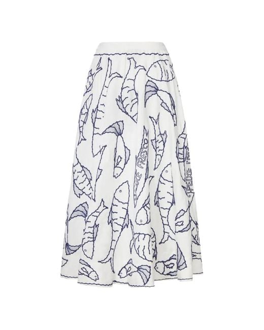 Farm Rio White Embroidered Linen Midi Skirt