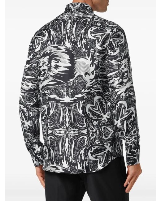 Philipp Plein Gray Dandy Lion Circus Silk Shirt for men