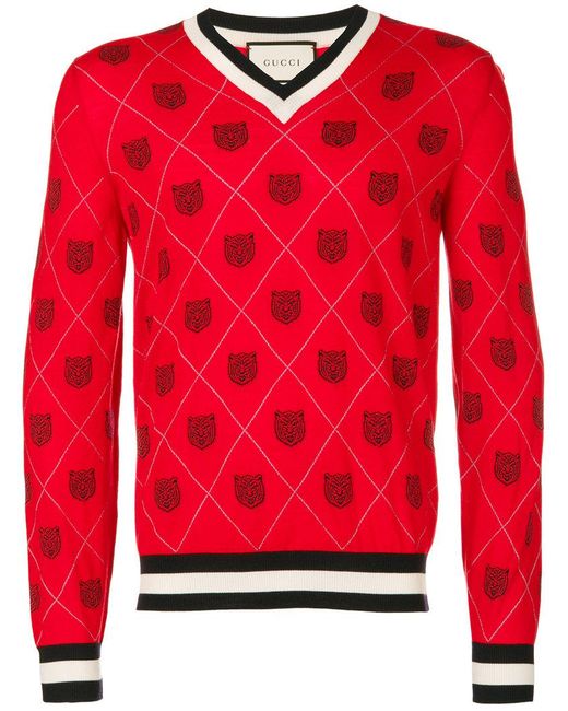 Gucci Red Tiger Argyle Sweater for men